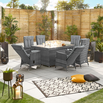 Ruxley 6 Seat Rattan Dining Set - Rectangular Gas Fire Pit Table in Grey Rattan