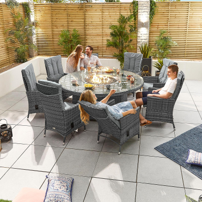 Ruxley 8 Seat Rattan Dining Set - Round Gas Fire Pit Table in Grey Rattan