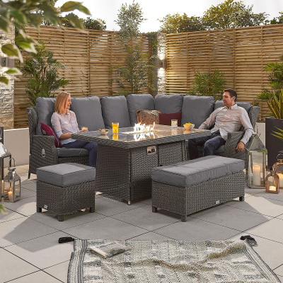 Skylar L-Shaped Corner Reclining Rattan Lounge Dining Set with Bench and Stool - Gas Fire Pit Table in Slate Grey