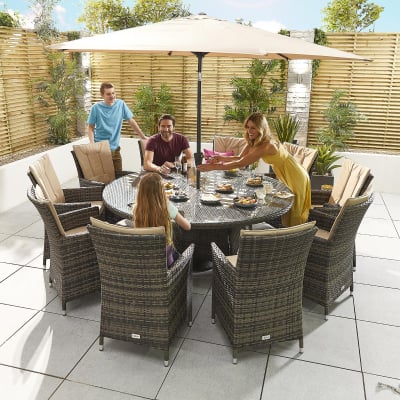 Sienna 10 Seat Rattan Dining Set - Round Table in Brown Rattan