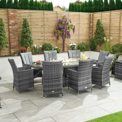 Sienna 8 Seat Rattan Dining Set - Oval Gas Fire Pit Table in Grey Rattan