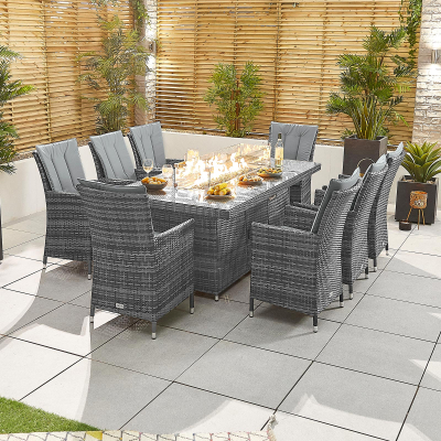 Sienna 8 Seat Rattan Dining Set - Rectangular Gas Fire Pit Table in Grey Rattan