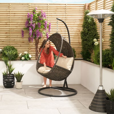 Rattan Single Suspended Lounging Egg Chair in Brown Rattan