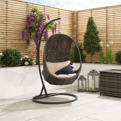 Rattan Single Suspended Lounging Egg Chair in Brown Rattan