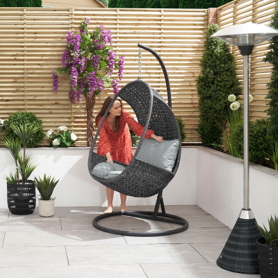 Rattan Single Suspended Lounging Egg Chair in Grey Rattan