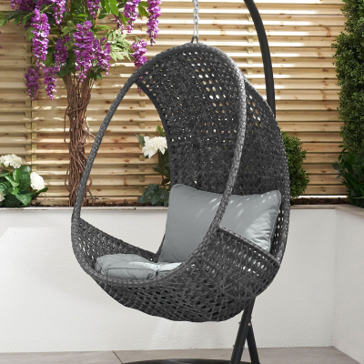 Rattan Single Suspended Lounging Egg Chair in Grey Rattan