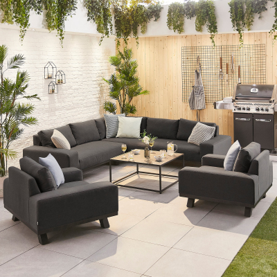 Tranquility All Weather Fabric Aluminium Corner Sofa Lounging Set with Square Coffee Table & 2 Armchairs in Charcoal Grey