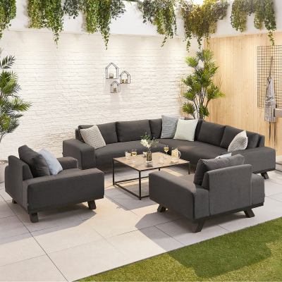 Tranquility All Weather Fabric Aluminium Corner Sofa Lounging Set with Square Coffee Table & 2 Armchairs in Charcoal Grey