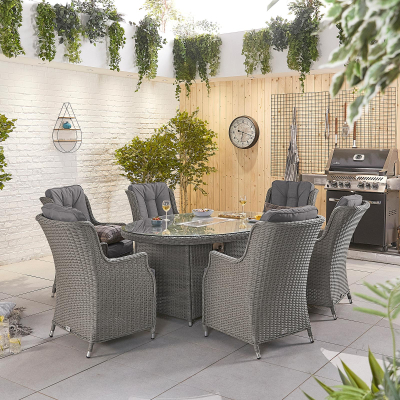 Thalia 6 Seat Rattan Dining Set - Oval Gas Fire Pit Table in Slate Grey