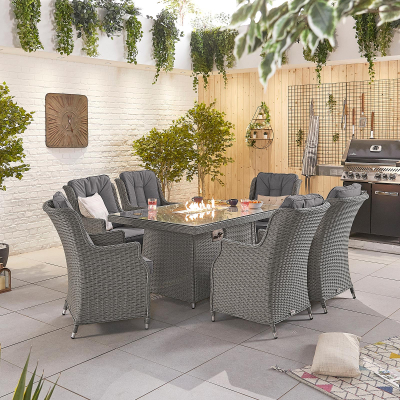 Thalia 6 Seat Rattan Dining Set - Rectangular Gas Fire Pit Table in Slate Grey