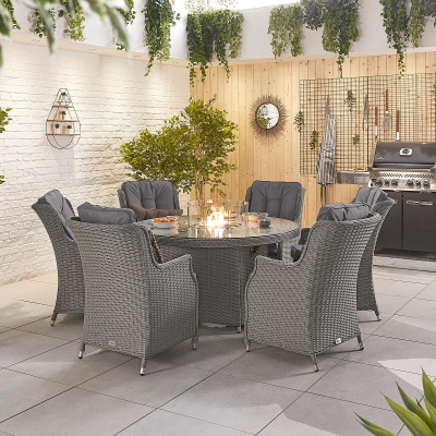 Thalia 6 Seat Rattan Dining Set - Round Gas Fire Pit Table in Slate Grey