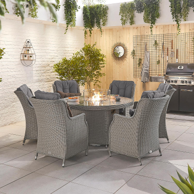 Thalia 6 Seat Rattan Dining Set - Round Gas Fire Pit Table in White Wash