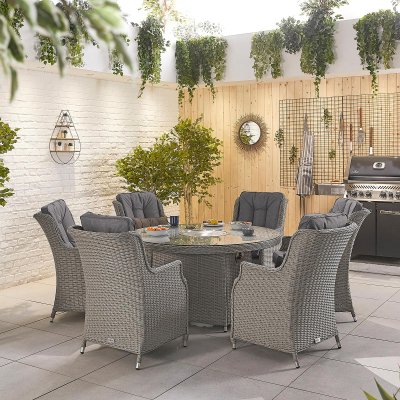 Thalia 6 Seat Rattan Dining Set - Round Gas Fire Pit Table in White Wash