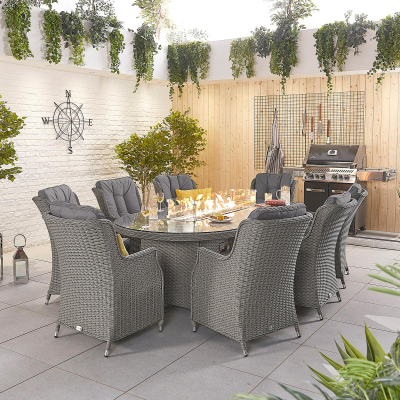 Thalia 8 Seat Rattan Dining Set - Oval Gas Fire Pit Table in Slate Grey