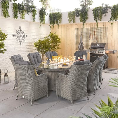 Thalia 8 Seat Rattan Dining Set - Oval Gas Fire Pit Table in White Wash