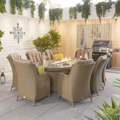 Thalia 8 Seat Rattan Dining Set - Oval Gas Fire Pit Table in Willow