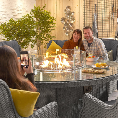 Thalia 8 Seat Rattan Dining Set - Round Gas Fire Pit Table in Slate Grey