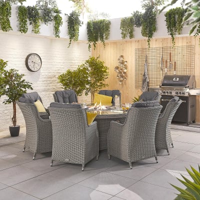 Thalia 8 Seat Rattan Dining Set - Round Gas Fire Pit Table in White Wash