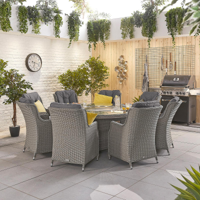 Thalia 8 Seat Rattan Dining Set - Round Gas Fire Pit Table in White Wash