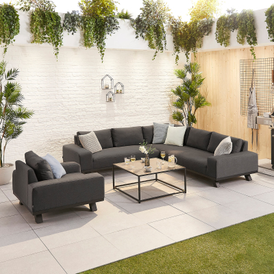 Tranquility All Weather Fabric Aluminium Corner Sofa Lounging Set with Square Coffee Table & 1 Armchair in Charcoal Grey