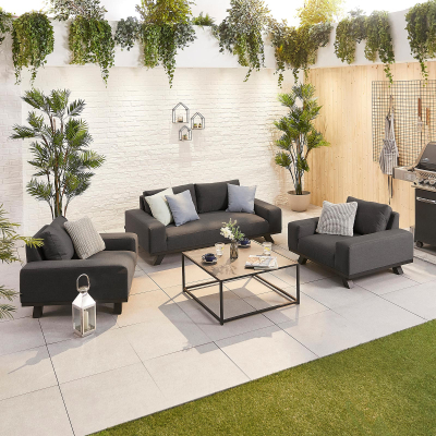 Tranquility All Weather Fabric Aluminium 2 Seater Sofa Lounging Set with Square Coffee Table & 2 Armchairs in Charcoal Grey