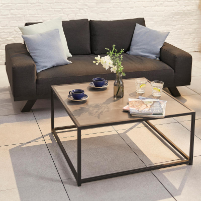Tranquility All Weather Fabric Aluminium 2 Seater Sofa Lounging Set with Square Coffee Table & 2 Armchairs in Charcoal Grey