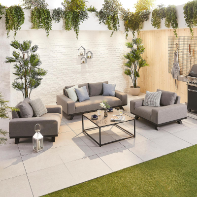 Tranquility All Weather Fabric Aluminium 2 Seater Sofa Lounging Set with Square Coffee Table & 2 Armchairs in Ash Grey