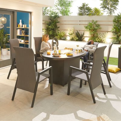Venice 6 Seat Aluminium Dining Set - Oval Gas Fire Pit Table in Graphite Grey