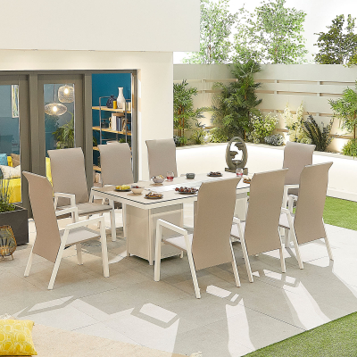 Venice 8 Seat Aluminium Dining Set - Rectangular Gas Fire Pit Table in Chalk White