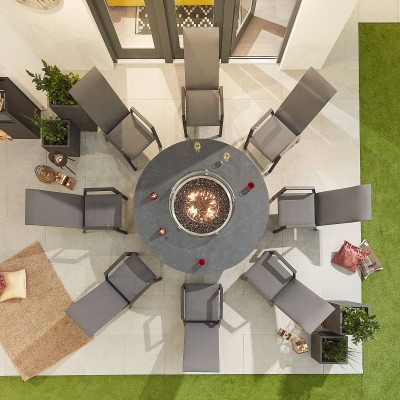Venice 8 Seat Aluminium Dining Set - Round Gas Fire Pit Table in Graphite Grey