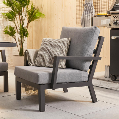 Vogue 3 Seater Aluminium Lounge Dining Set with 2 Armchairs - Adjustable Rising Table in Graphite Grey