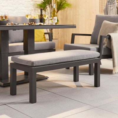 Vogue 3 Seater Aluminium Lounge Dining Set with 2 Armchairs and Bench - Adjustable Rising Table in Graphite Grey