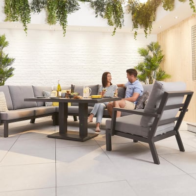 Vogue L-Shaped Corner Aluminium Lounge Dining Set with Armchair - Adjustable Rising Table in Graphite Grey