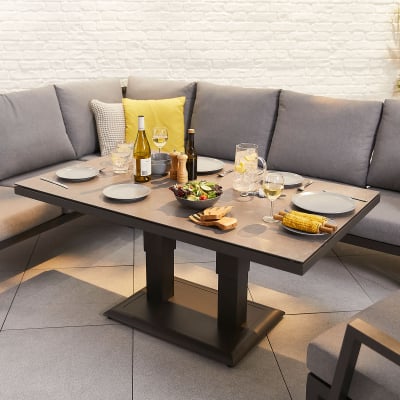 Vogue L-Shaped Corner Aluminium Lounge Dining Set with Armchair and Bench - Adjustable Rising Table in Graphite Grey