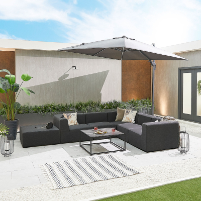Toft All Weather Fabric Aluminium Corner Sofa Lounging Set with Square Coffee Table & Footstool in Charcoal Grey