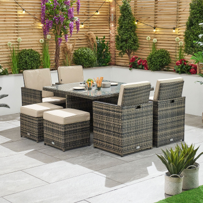 Celia 4 Seat Rattan Cube Dining Set with 4 Stools - Square Table in Brown Rattan