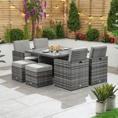 Celia 4 Seat Rattan Cube Dining Set with 4 Stools - Square Table in Grey Rattan