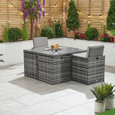 Celia 4 Seat Rattan Cube Dining Set with 4 Stools - Square Table in Grey Rattan