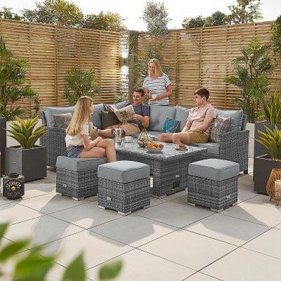 Cambridge L-Shaped Corner Rattan Lounge Dining Set with 3 Stools - Left Handed Rising Table in Grey Rattan