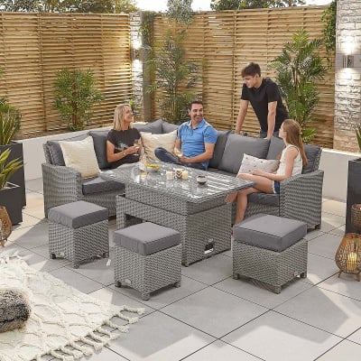 Ciara L-Shaped Corner Rattan Lounge Dining Set with 3 Stools - Left Handed Rising Table in White Wash