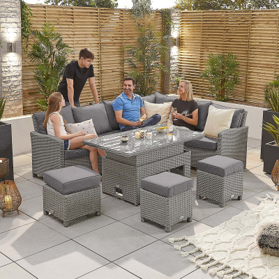 Ciara L-Shaped Corner Rattan Lounge Dining Set with 3 Stools - Right Handed Rising Table in White Wash