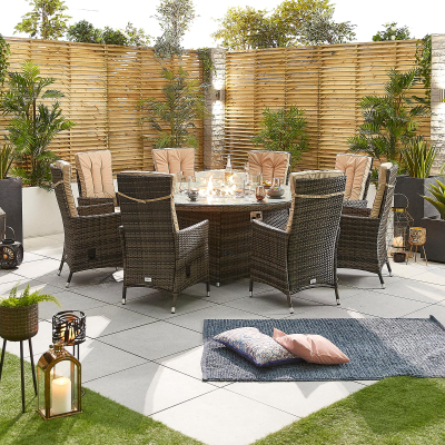 Ruxley 8 Seat Rattan Dining Set - Round Gas Fire Pit Table in Brown Rattan