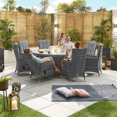 Ruxley 8 Seat Rattan Dining Set - Round Gas Fire Pit Table in Grey Rattan