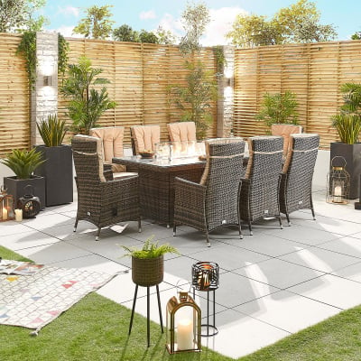 Ruxley 8 Seat Rattan Dining Set - Rectangular Gas Fire Pit Table in Brown Rattan
