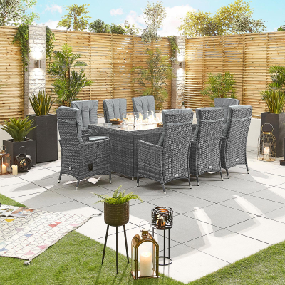Ruxley 8 Seat Rattan Dining Set - Rectangular Gas Fire Pit Table in Grey Rattan