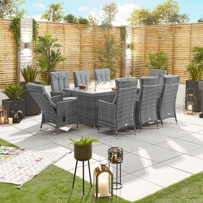 Ruxley 8 Seat Rattan Dining Set - Rectangular Gas Fire Pit Table in Grey Rattan