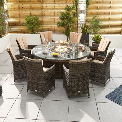Sienna 8 Seat Rattan Dining Set - Round Gas Fire Pit Table in Brown Rattan