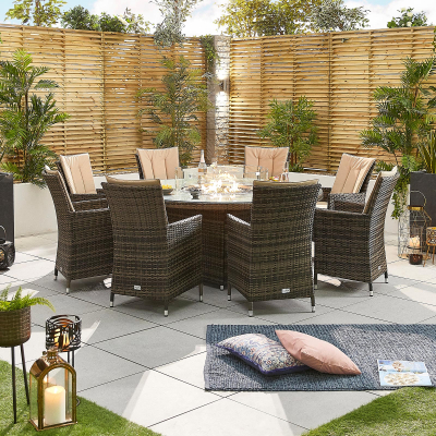 Sienna 8 Seat Rattan Dining Set - Round Gas Fire Pit Table in Brown Rattan