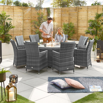Sienna 8 Seat Rattan Dining Set - Round Gas Fire Pit Table in Grey Rattan