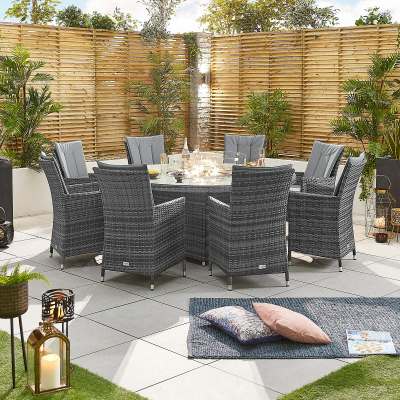 Sienna 8 Seat Rattan Dining Set - Round Gas Fire Pit Table in Grey Rattan